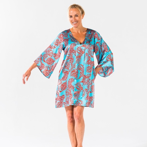 Design Rona Dress Size M Medium Silk Ice Cube Blue Red Coral Turquoise RARE - Picture 1 of 7